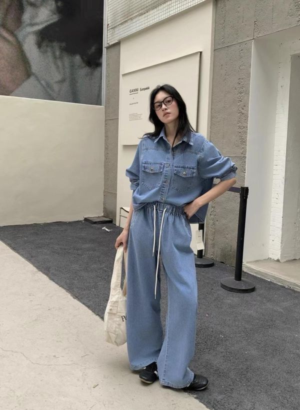 牛仔抽繩長褲SET 