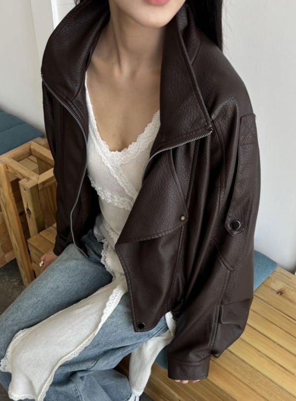 雲感羊紋軟糯廓形皮外（咖色） 