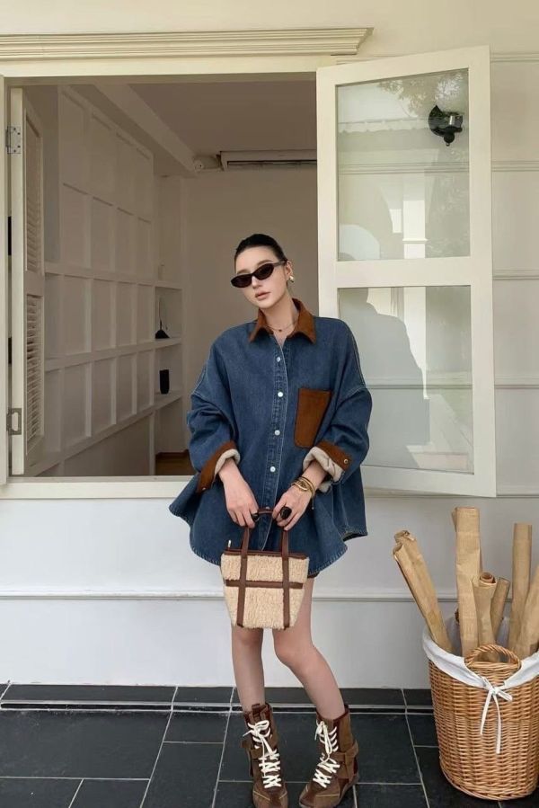 麂皮領撞色口袋牛仔襯 