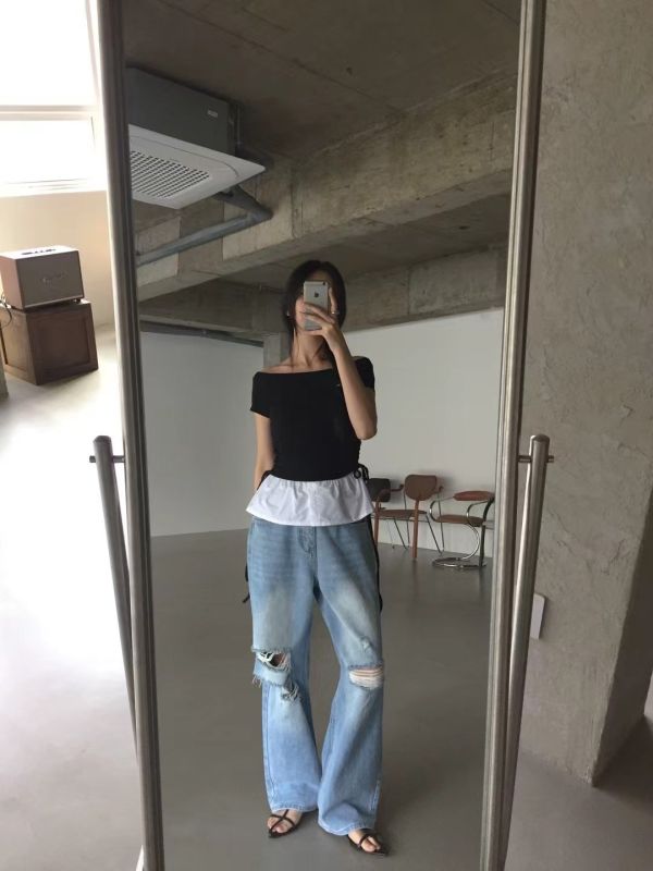 H16.抓破造型落地褲 