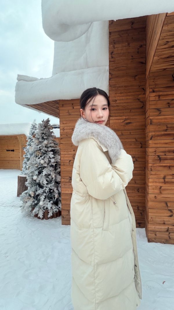 鴨絨90%狐狸毛長版外套（白色） 