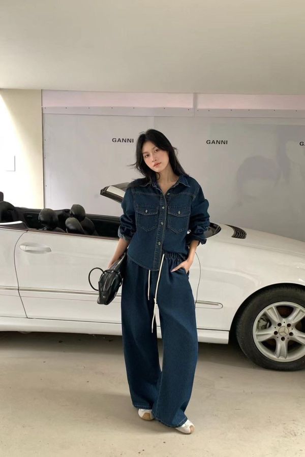 牛仔抽繩長褲SET 