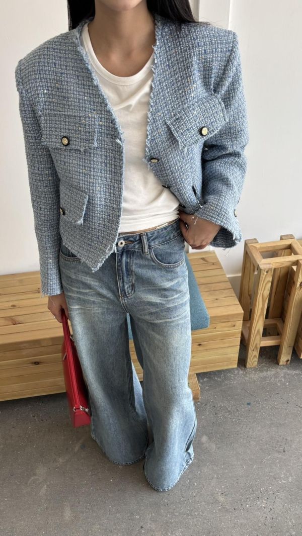 藍色直筒闊腿褲 