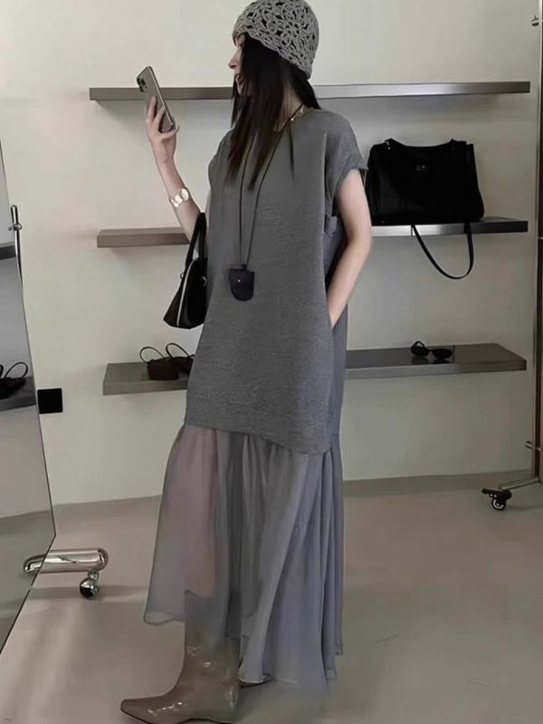空氣棉拼接紗洋裝 