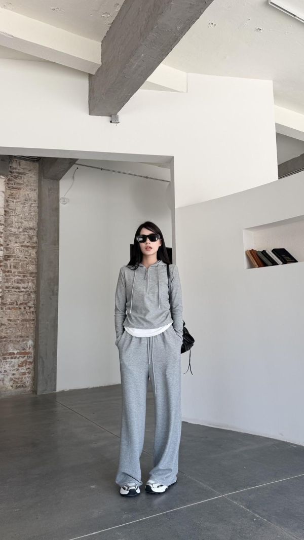 連帽假兩件長褲套裝（花灰） 