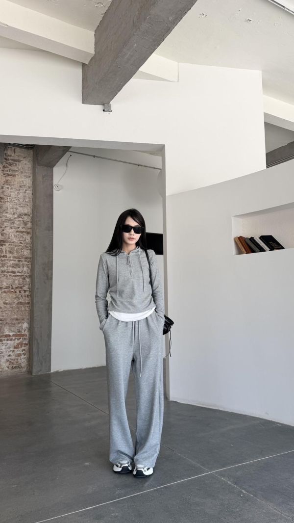 連帽假兩件長褲套裝（花灰） 