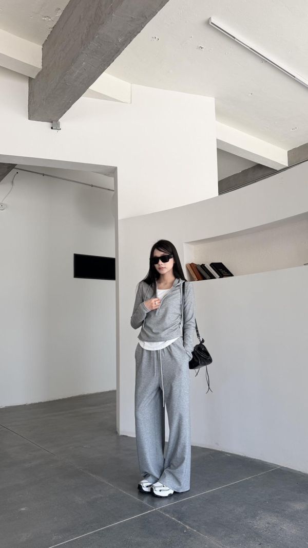 連帽假兩件長褲套裝（花灰） 