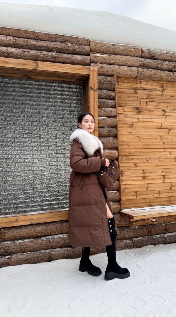 鴨絨90%狐狸毛長版外套（咖色） 