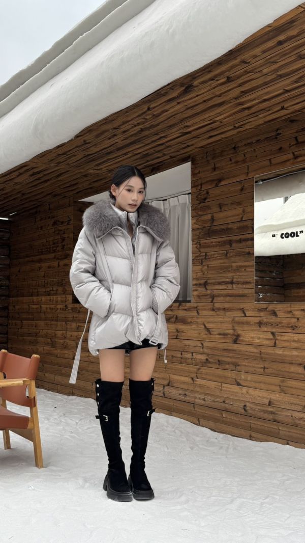 鴨絨90%狐狸毛綁帶外套 