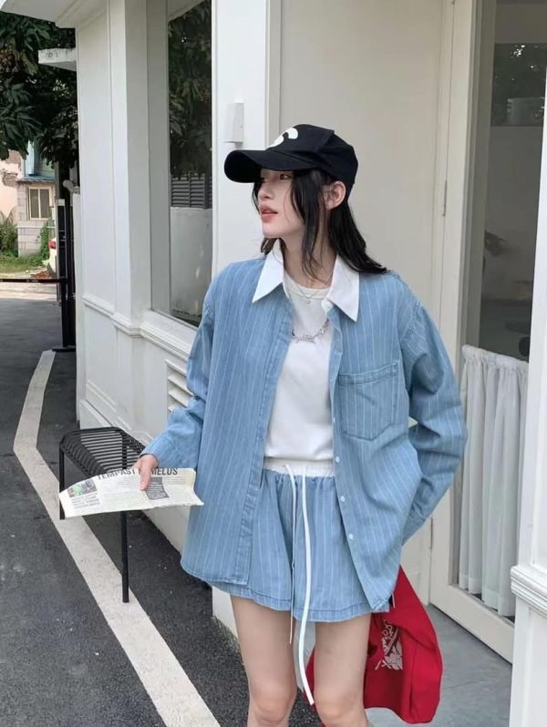 拼色領直條短褲套裝 
