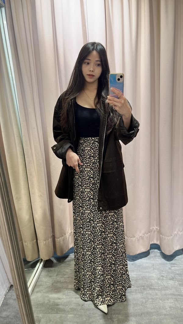 豹紋皺摺長裙 