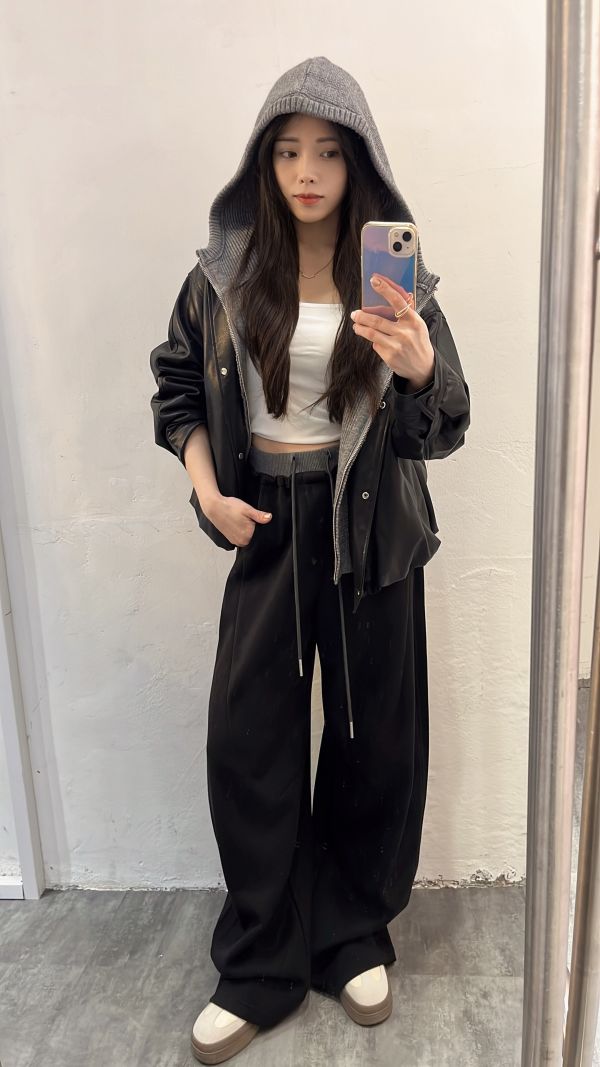 腰配色加絨衛褲 