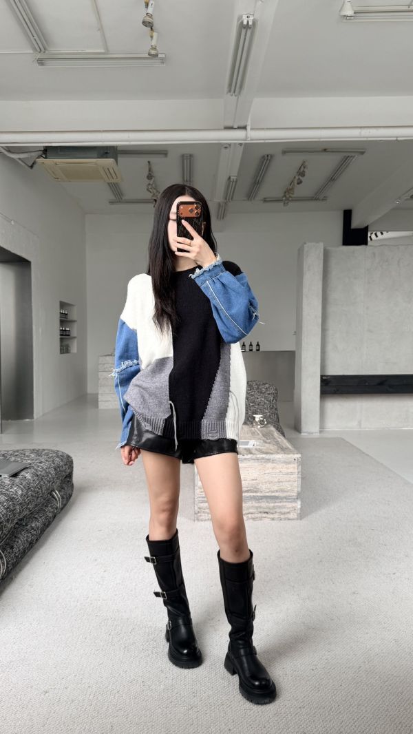 牛仔拼接針織衫 