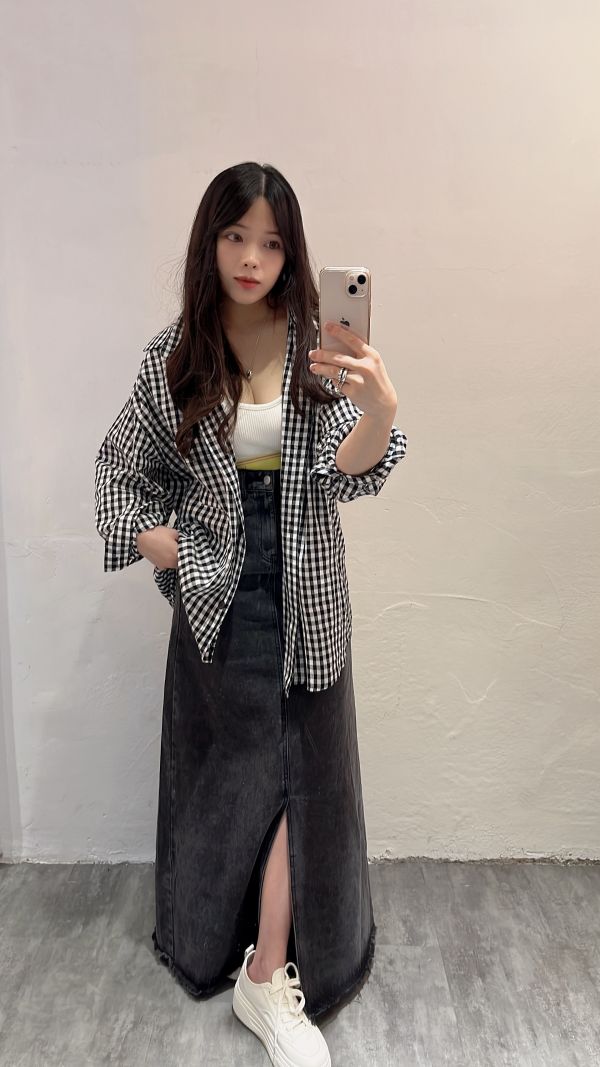 格子棉麻襯衫 