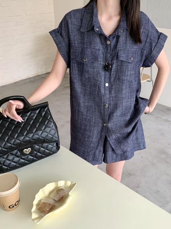 雙袋棉麻短褲套裝 