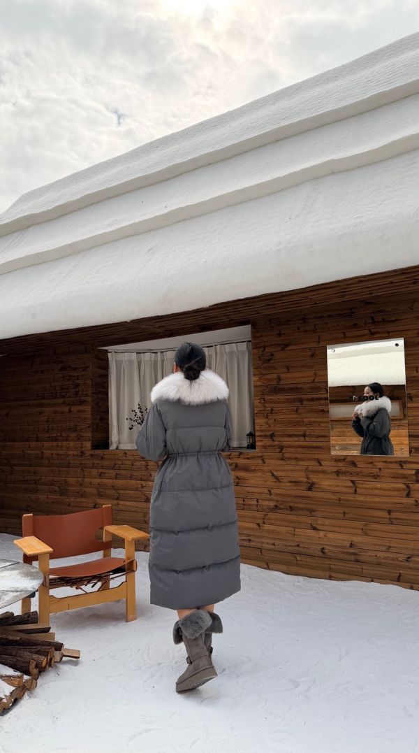 鴨絨90%狐狸毛長版外套（灰色） 