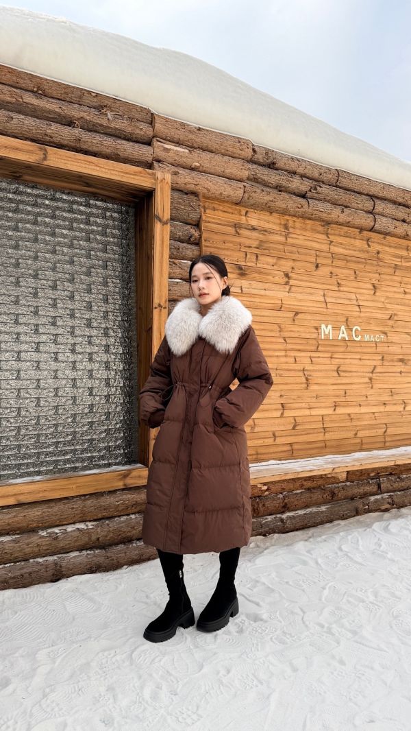 鴨絨90%狐狸毛長版外套（咖色） 