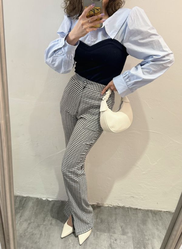 格紋開衩長褲 