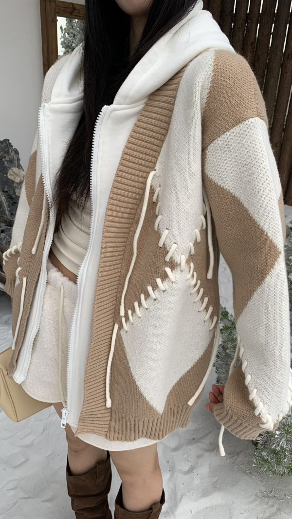 造型編織配色針織外套 