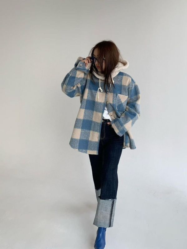 連帽彩色格子襯衫 