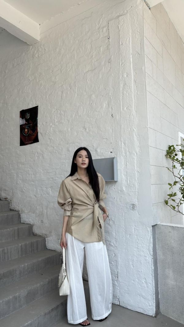 麻料附皮帶鬆緊褲 