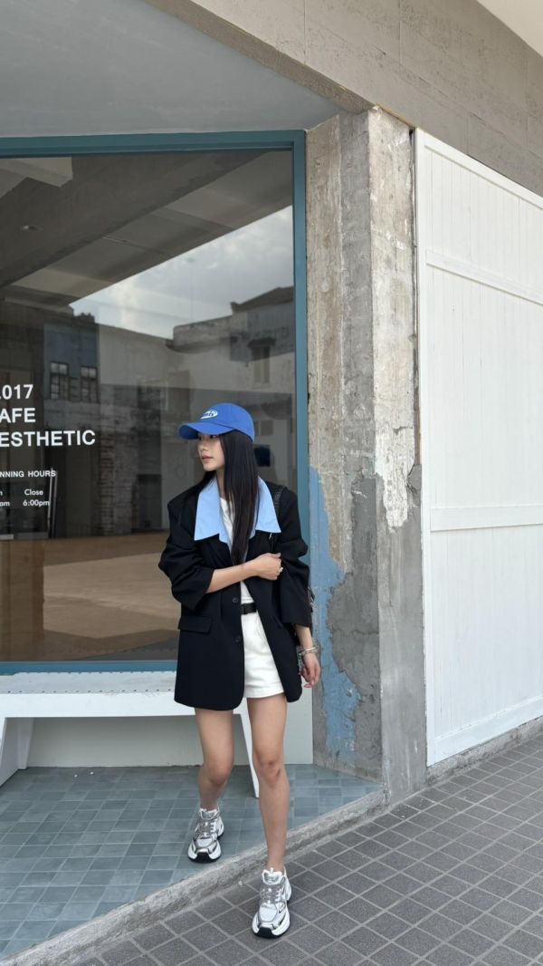 配色領西裝外套（黑色） 