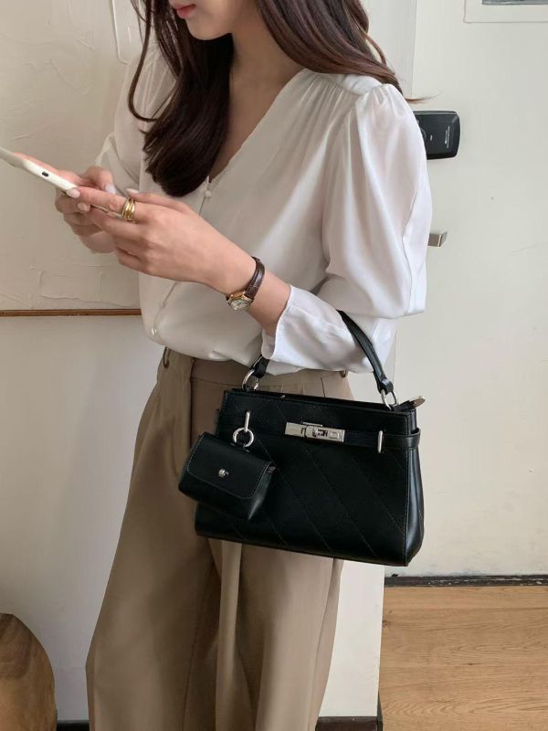 法式菱格真皮二用包 