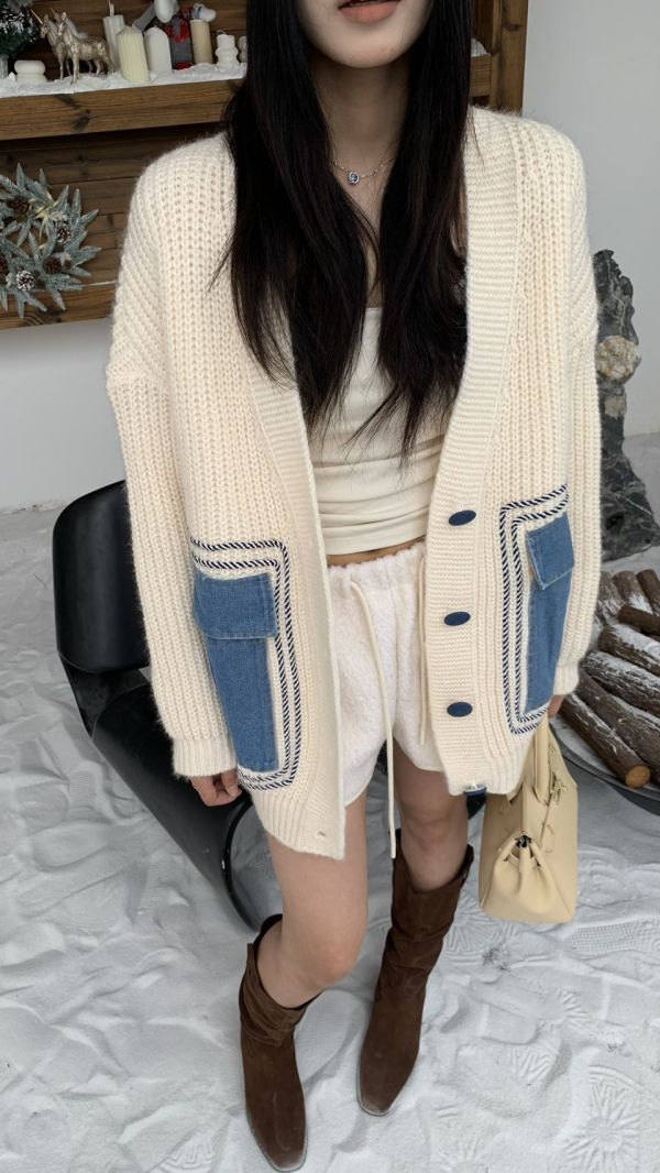 牛仔大口袋針織外套 