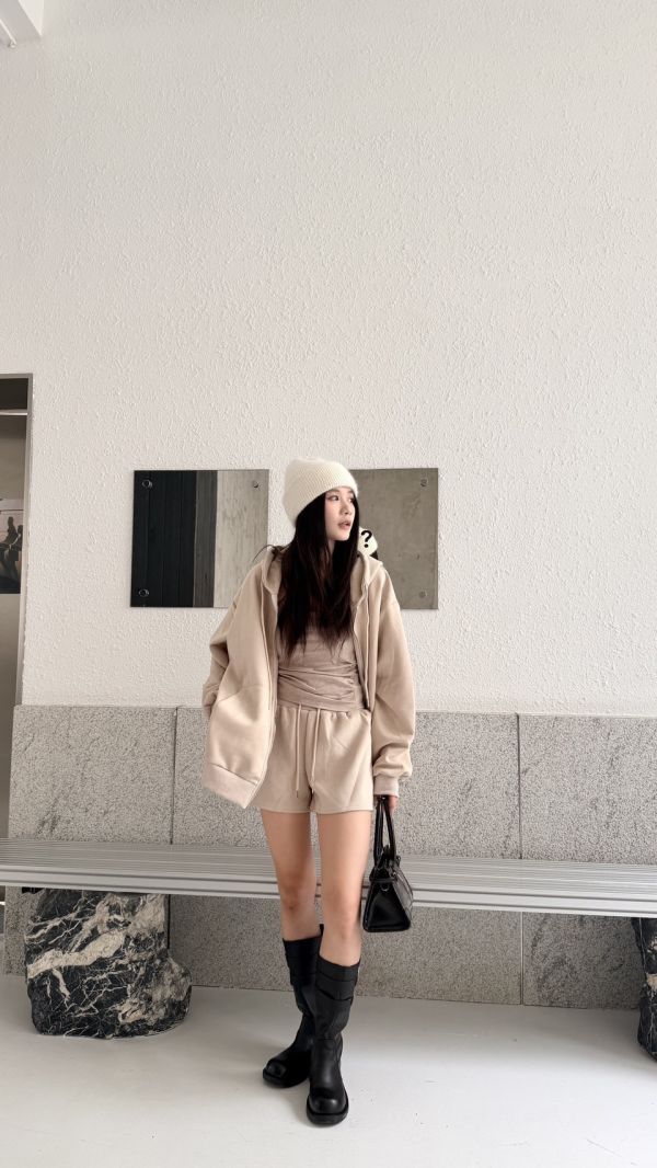 連帽短褲套裝（杏色） 