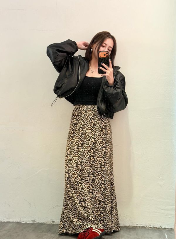 豹紋皺摺長裙 