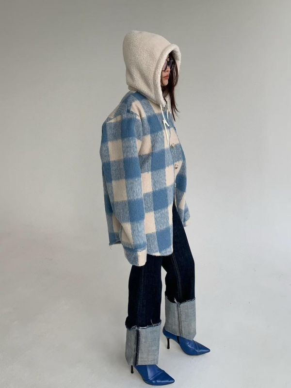 連帽彩色格子襯衫 