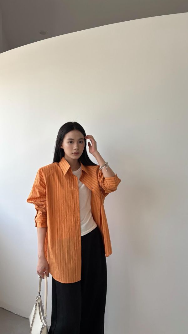 線條側釦襯衫（橘色） 