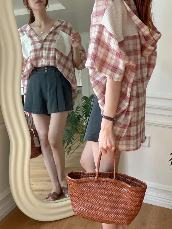 連帽格紋棉麻大口袋襯 