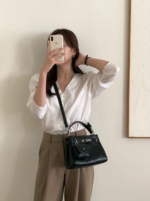 法式菱格真皮二用包 