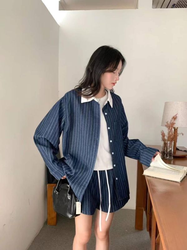 拼色領直條短褲套裝 