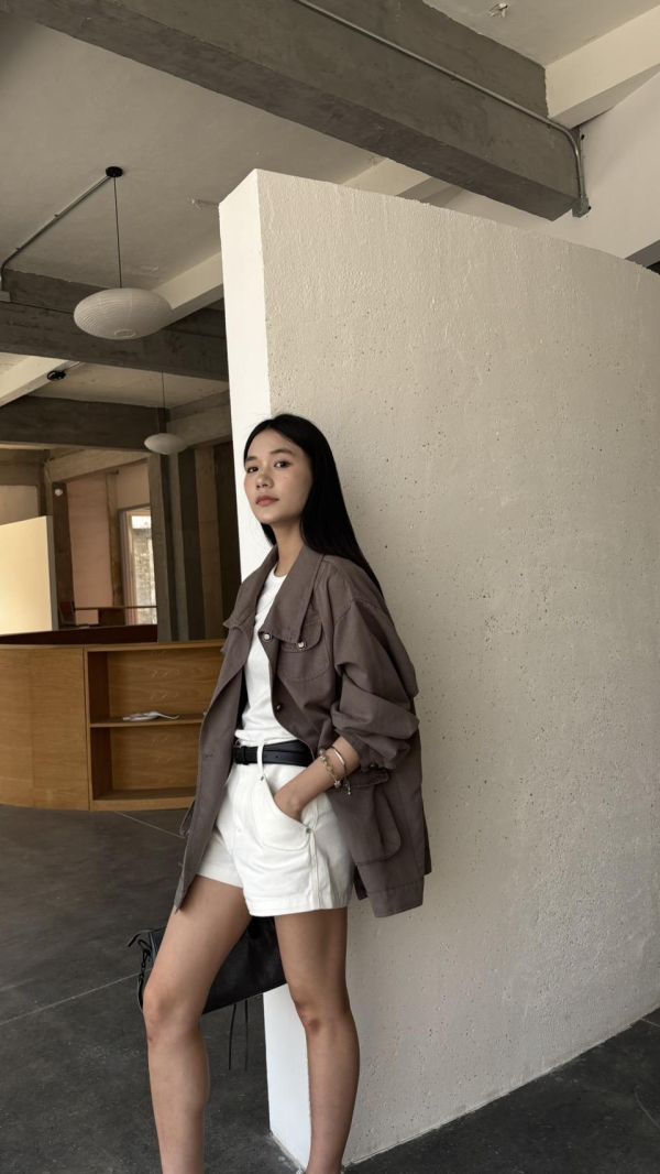 前口袋長版工裝薄外（灰綠） 