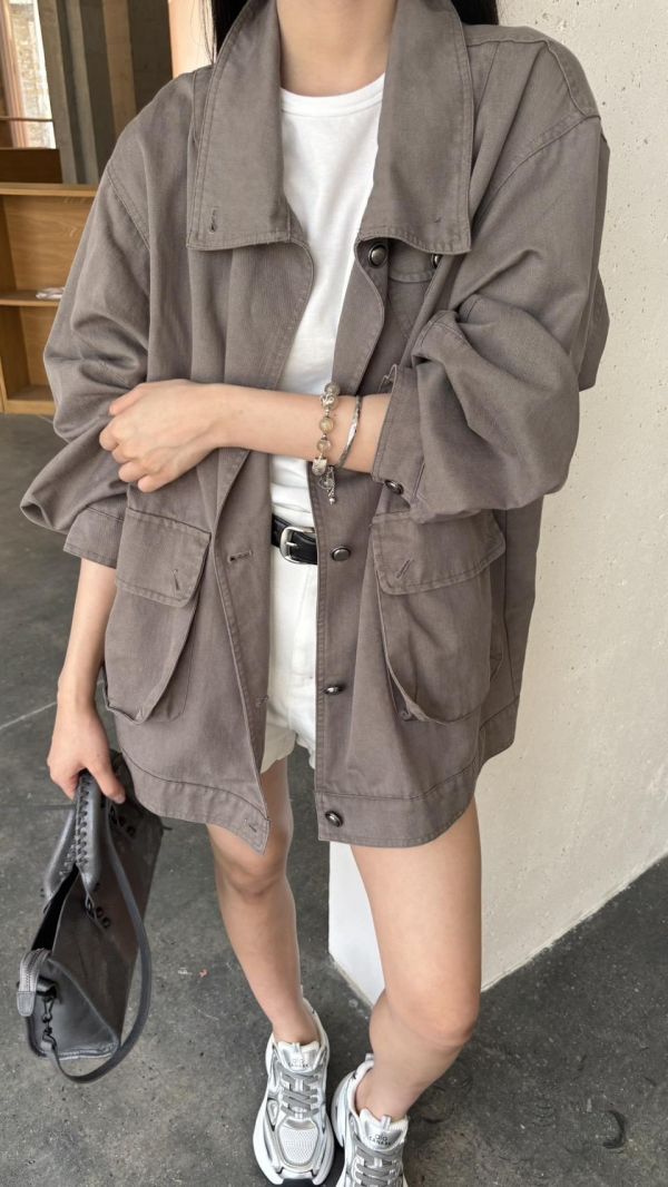 前口袋長版工裝薄外（灰綠） 