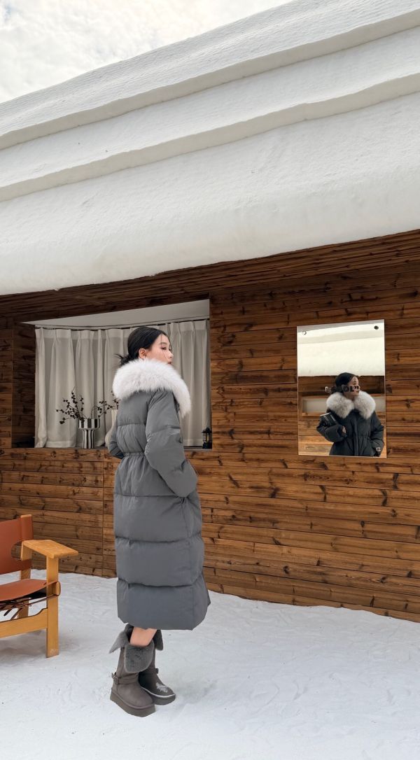 鴨絨90%狐狸毛長版外套（灰色） 