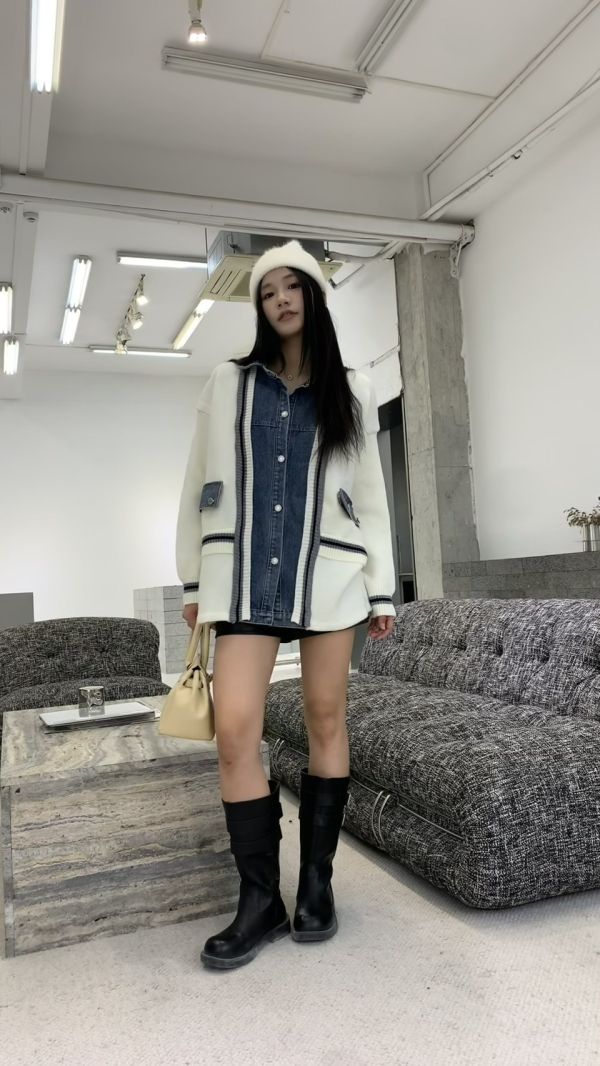 牛仔拼針織外套 