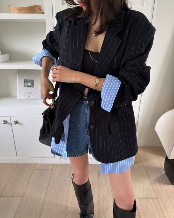 拼接直條襯衫西裝外套 