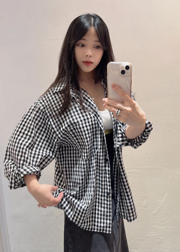 格子棉麻襯衫 