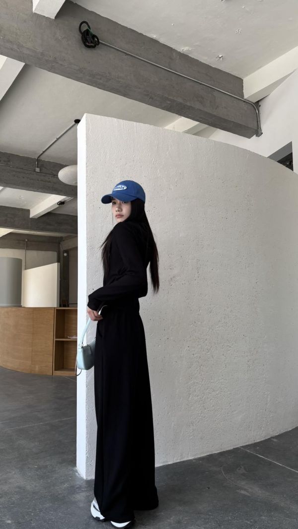 連帽假兩件長褲套裝（黑色） 