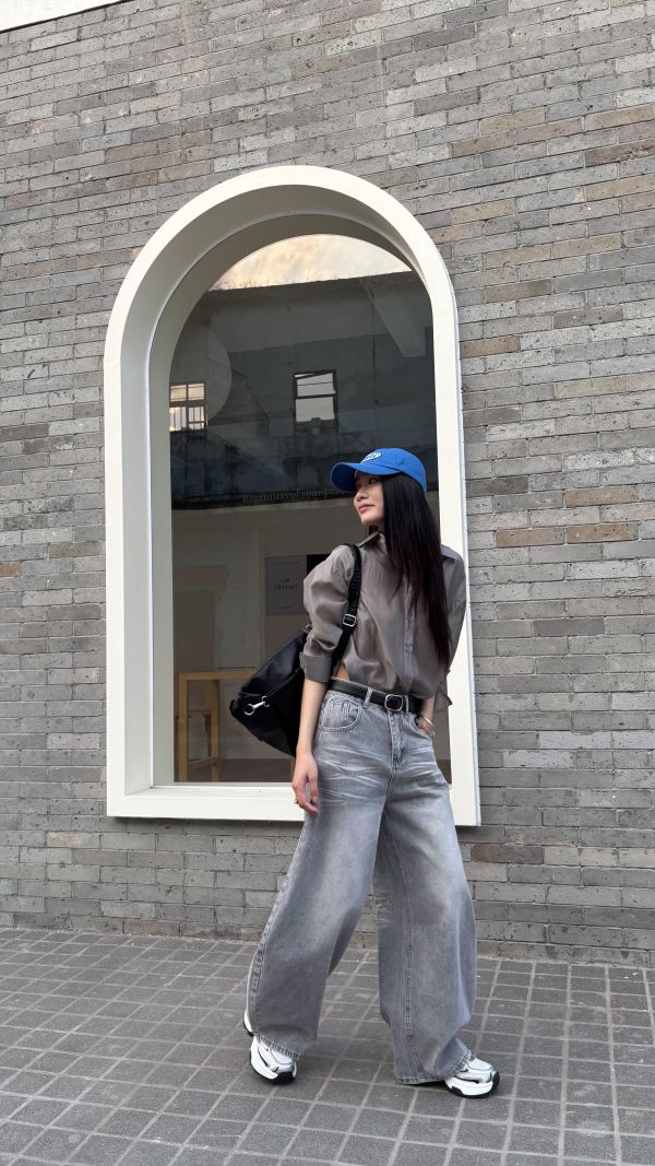 復古灰色闊腿褲 