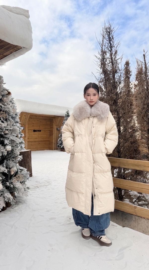 鴨絨90%狐狸毛長版外套（白色） 