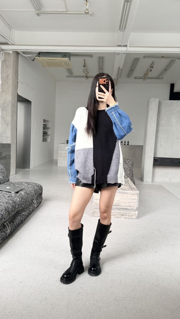 牛仔拼接針織衫 