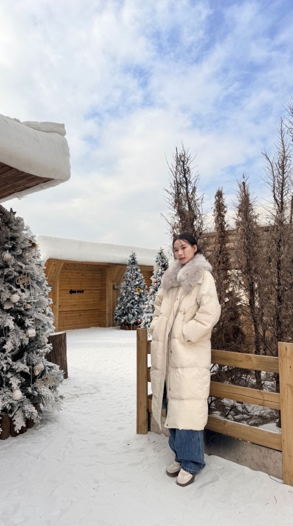 鴨絨90%狐狸毛長版外套（白色） 