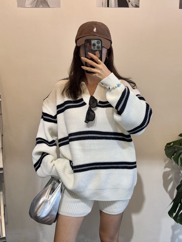 T02.V領線條針織短褲SET 