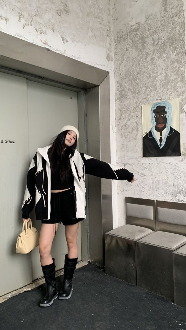 造型編織配色針織外套 