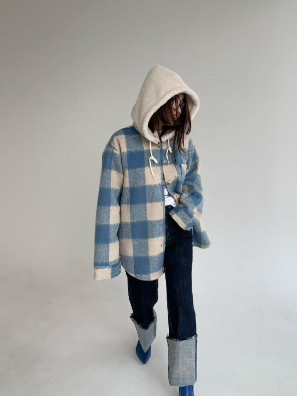 連帽彩色格子襯衫 