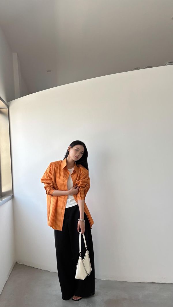 線條側釦襯衫（橘色） 